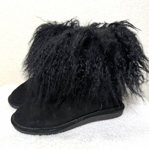 Bearpaw Boo Bootie Winter Boot Fuzzy Lamb Fur Cuff Suede Black Size 9